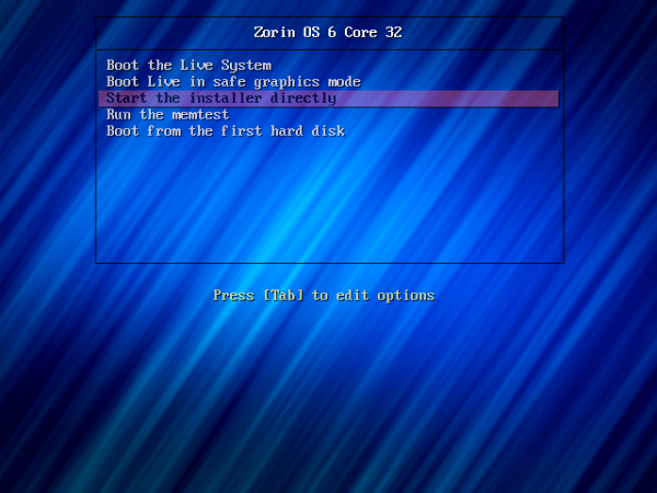 Zorin OS 6 Core Boot Menu