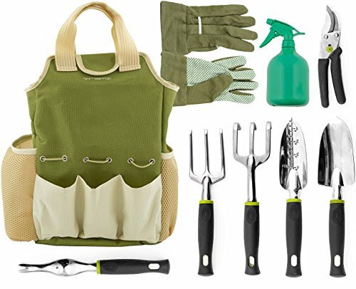Vremi 9 Piece Garden Tool Set with Gardening Tote and Work Gloves - Hand Tools with Ergonomic Handles include Rake and Pruning Shears - also has Weeder and Transplanter and 25 Oz Sprayer Bottle