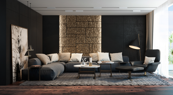 Black walls and a stone accent give this living room the feeling of a particularly stylish dungeon.