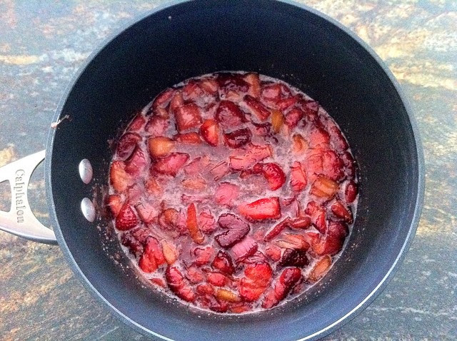 Roasted Strawberries and Rhubarb Transferred to Pot