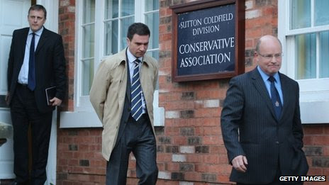 Chris Jones, Stuart Hinton and Ken MacKaill (L-R) leaving the constituency office of Andrew Mitchell