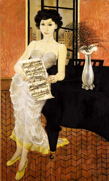 Philip Evergood (Oct. 26, 1901 - 1973): Woman at the Piano, 1955 - oil on canvas (Smithsonian) See also Dowager in a Wheelchair “Evergood is noted for his deliberately awkward drawing and his spontaneous bold lines. His skillfully organized sophisticated compositions are often humorous, frequently fantastic, and sometimes openly symbolic. His color is never conventional but rather evokes an extremely personal mood that reveals the artist as both militantly social and warmly sensuous.” (quoted via Wiki)