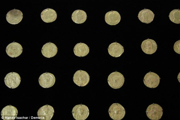 A total of 36 gold coins etched with images of Byzantine emperors, pictured, were also found in the Ophel region between the City of David and Temple Mount.