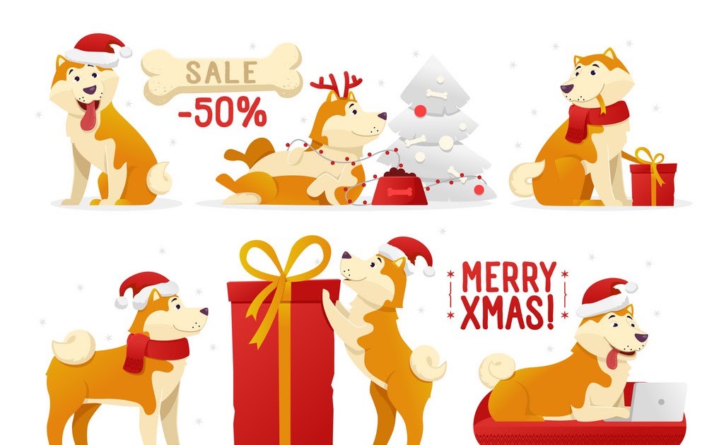 Cartoon Christmas Dog - Christmas Dog Faces Collection Vector Set