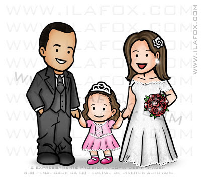 caricatura casal, caricatura noivos com filhos, caricatura para casamento by ila fox