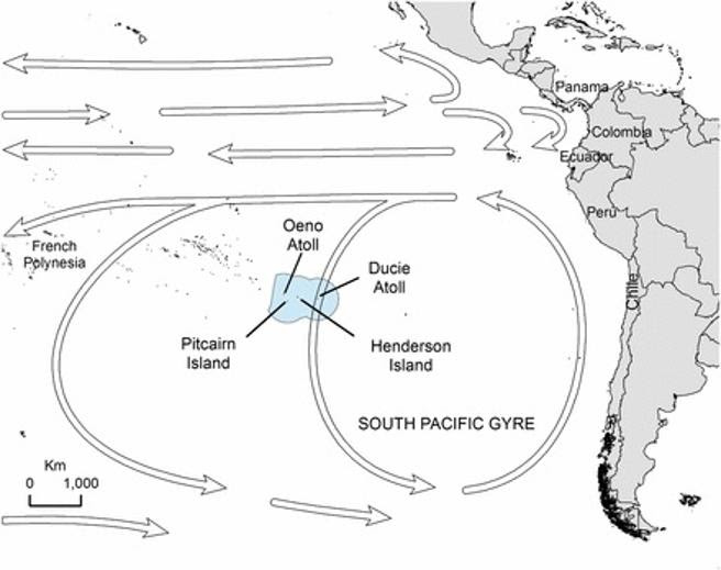 Remolino o corriente marina del sur del Pacífico, y situación de la isla Henderson