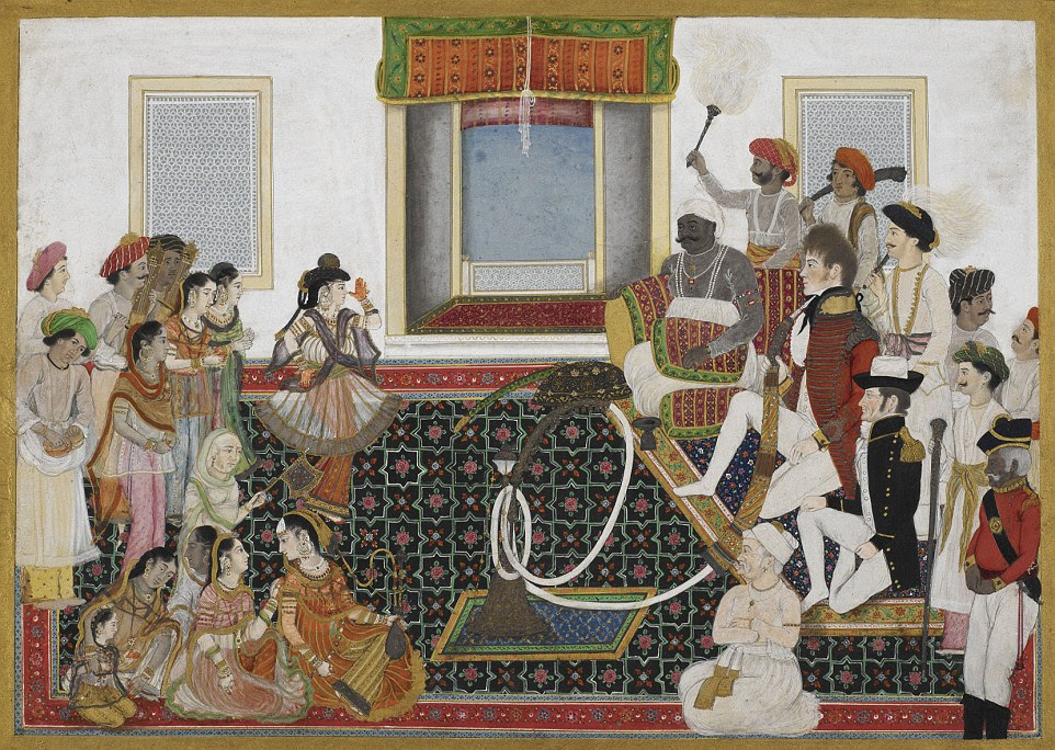 This picture by an unknown Delhi artist might be seen as 'propaganda to gloss over past tensions between the Scindia dynasty and the British East India Company'. The Scindia (or Sindhia) dynasty, based from the late eighteenth century in Gwalior, ruled part of the larger Maratha confederation, Tate Britain said, pointing out that in 1818 the Scindias became clients of the British. The picture shows a British military officer - probably a light cavalryman - and naval colleague being entertained by a dance