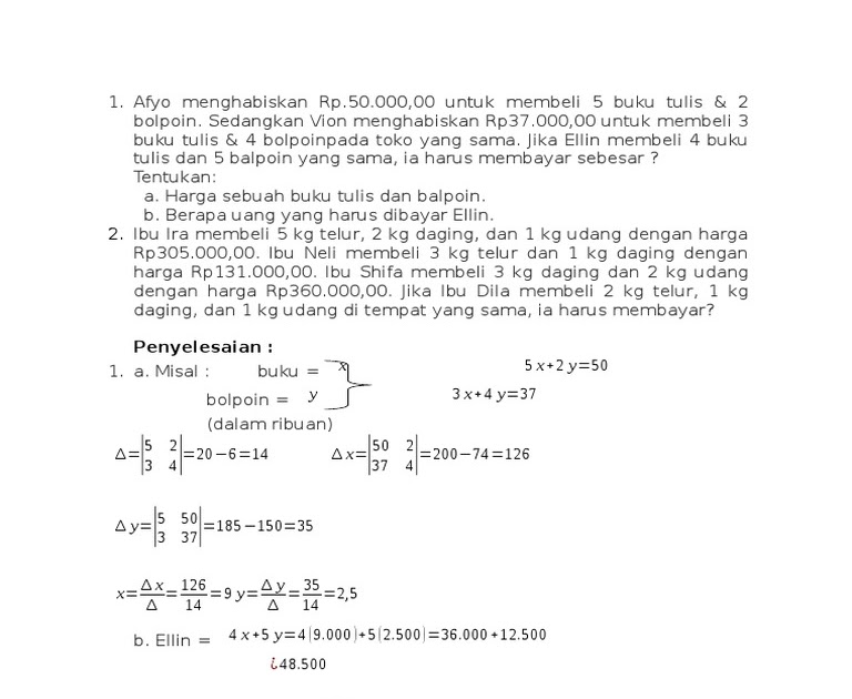 Soal Cerita Spldv Kls 10 Soal Ujian