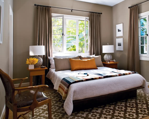 Masculine bedroom, walls in Farrow and Ball Mouse's Back
