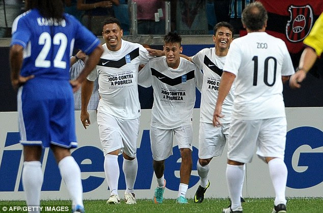 Celebration time: Bebeto (second right) after scoring his goal alongside Ronaldo and Neymar