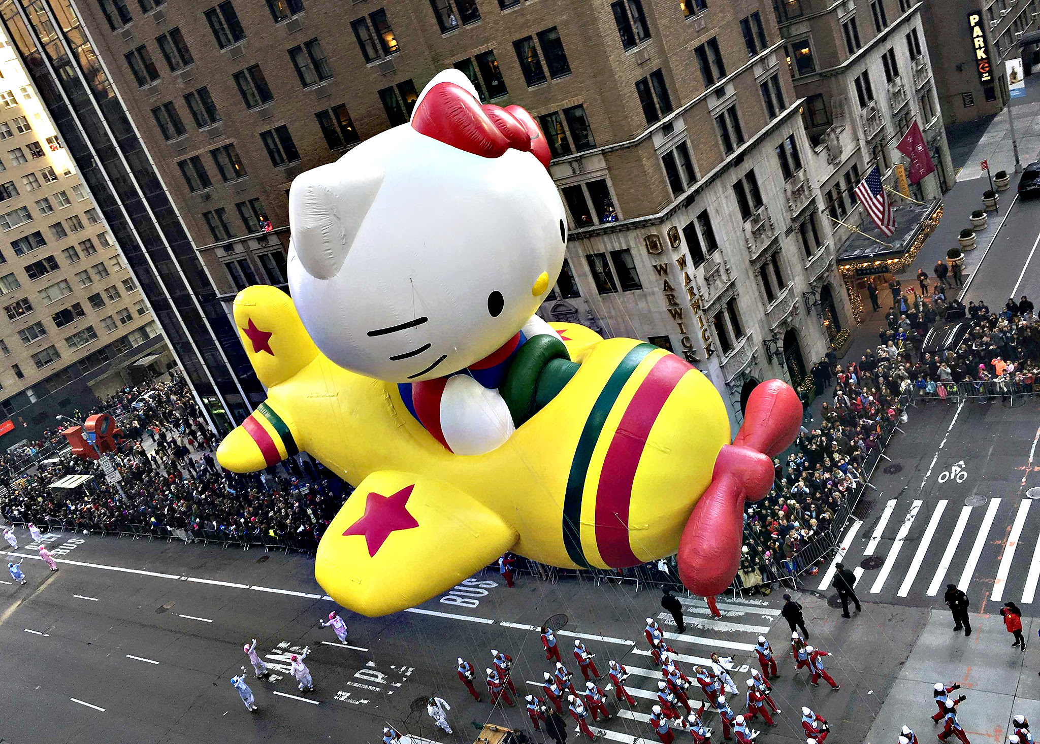 The "Hello Kitty" balloon proceeds high above spectators along 6th Ave during the 89th Macy's Thanksgiving Day Parade in the Manhattan borough of New York...The "Hello Kitty" balloon proceeds high above spectators along 6th Ave during the 89th Macy's Thanksgiving Day Parade in the Manhattan borough of New York November 26, 2015.