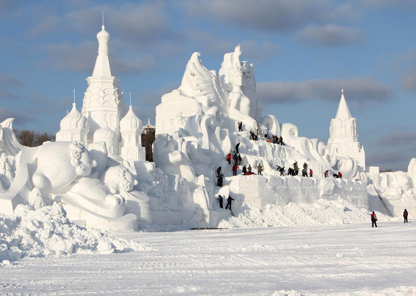 illuminated glacier village at the 2014 harbin ice festival