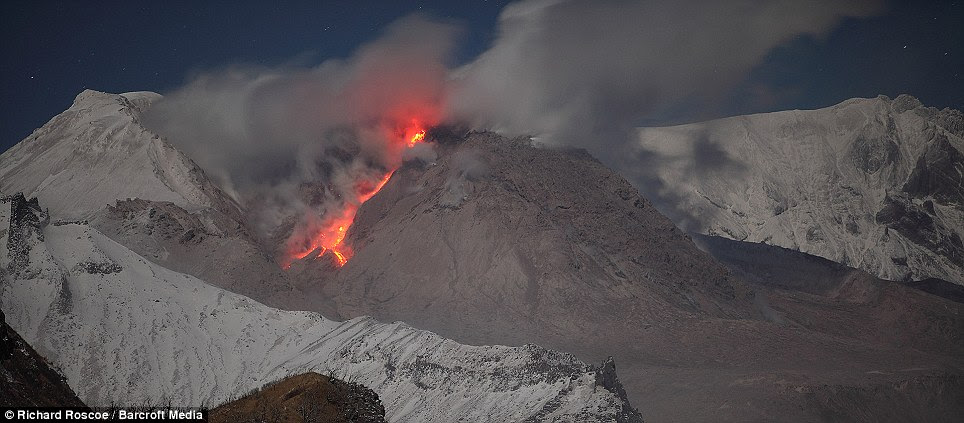 Lava flows from the dome of the Russian Shiveluch volcano. Shiveluch was most recently active between October 11 and October 16.