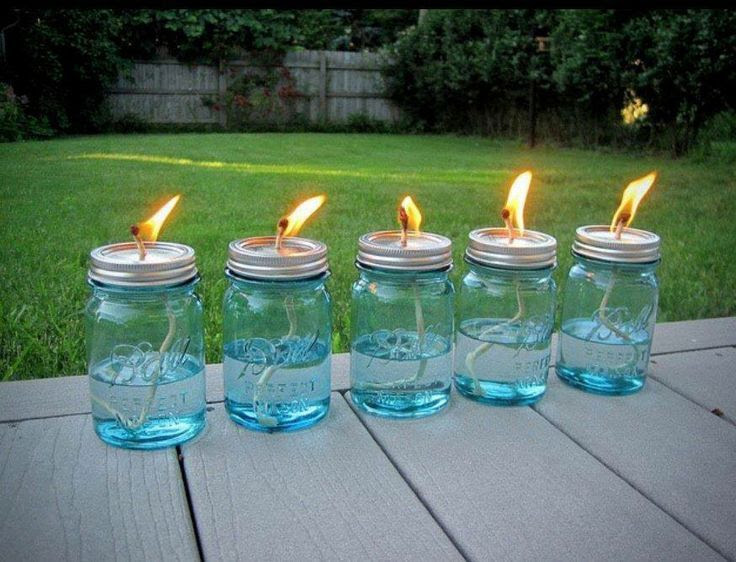 GREAT IDEA!! FOR BACKYARD FUN, NO BUGS!! All you need is a package of Mason jars, some cotton string and some liquid citronella (find it in big jugs at any home-improvement store and even some grocery stores). Use a hammer and nail to poke a hole in the top of the lid, then pour in the citronella, put the top on and drop in the wick. Allow the string about 10 minutes to soak up some oil.
