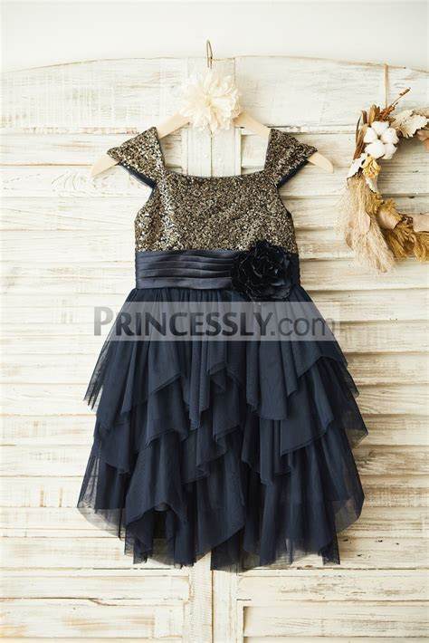 Gold Sequins Cap Sleeves Tiered Ruffles Tulle Flower Girl Gold Sequins Cap Sleeves Tiered Ruffles Tulle Flower Girl