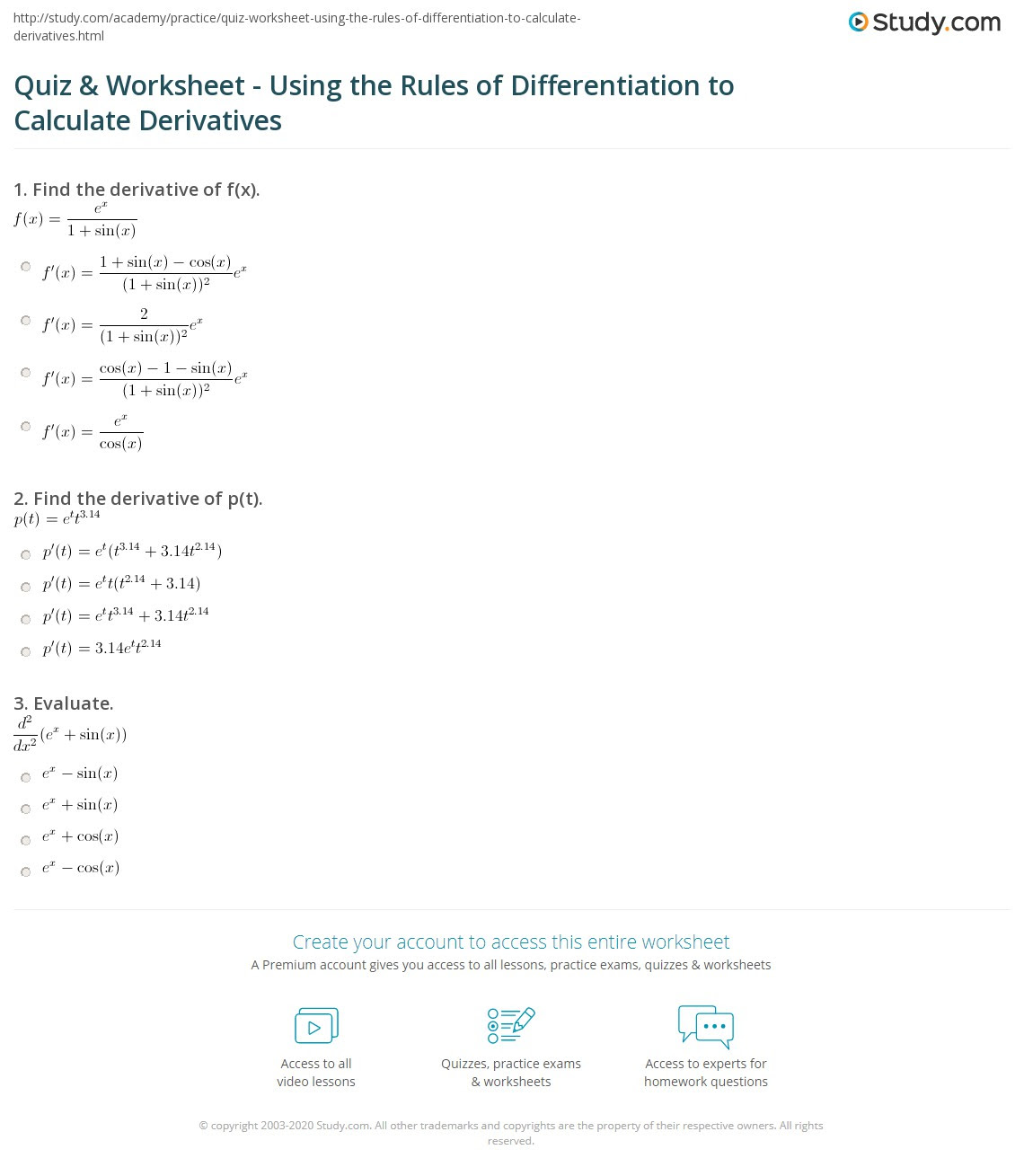 Derivative Worksheet Pdf / Find the Derivatives Using Power Rule