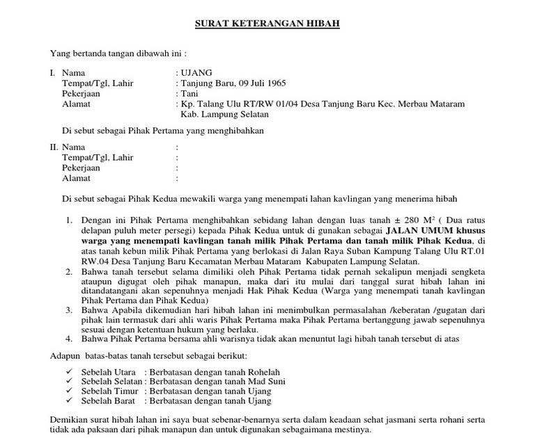 Hibah Rumah Contoh Surat Hibah Tanah Dari Orang Tua Kepada Anak