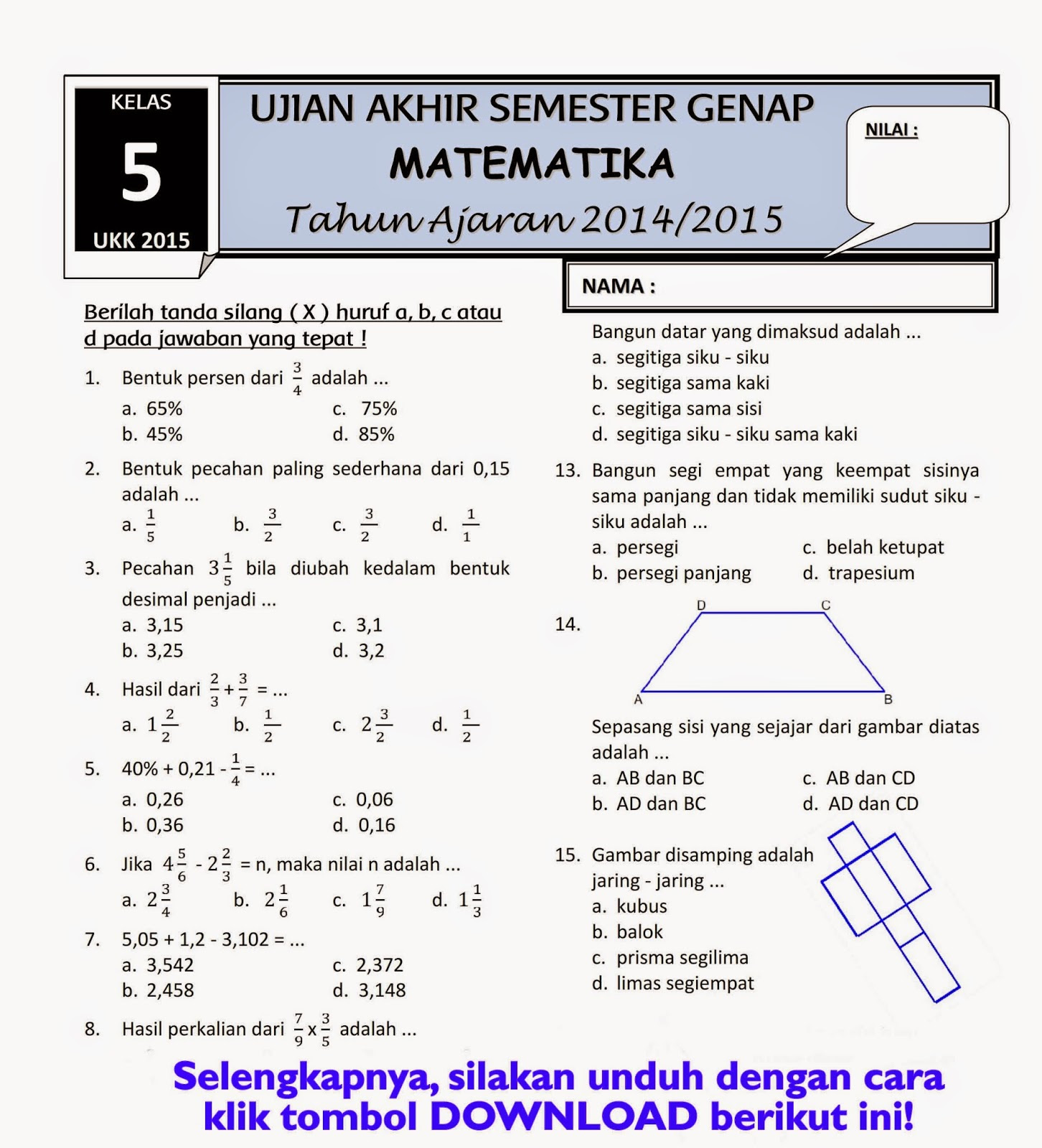 Soal Ukk Kls 8 Semester 2 Matematika Ktsp Doc - Galeri Siswa