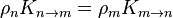 \rho_n K_{n\rightarrow m} = \rho_m K_{m\rightarrow n}
\,