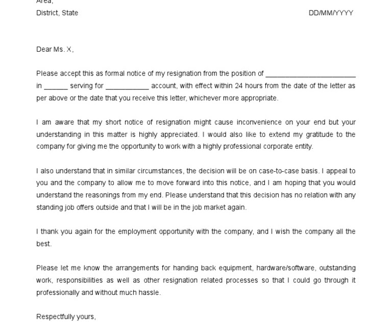 Resign Letter Example 24 Hours Sample Resignation Letter
