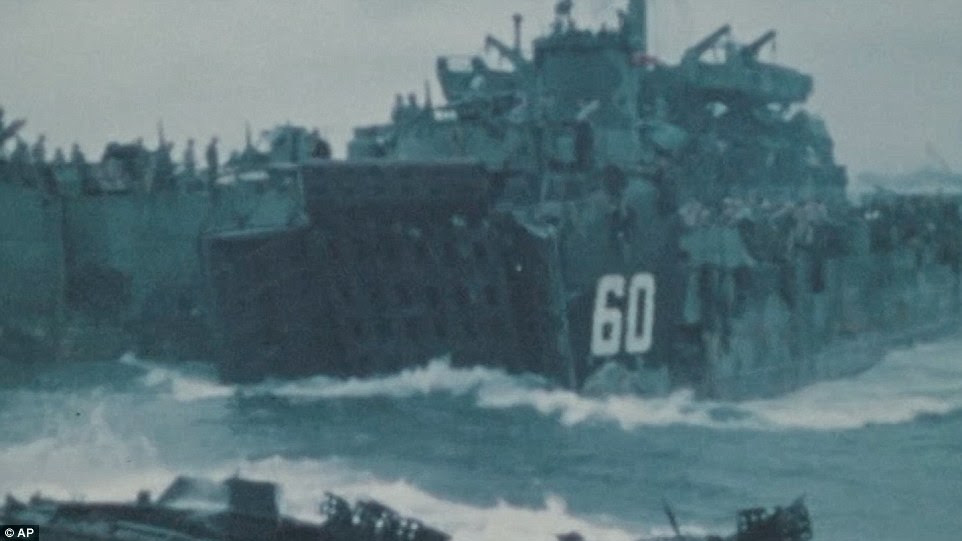 This still from the incredible footage shows the U.S. marines arriving by shipload to join the Second World War effort