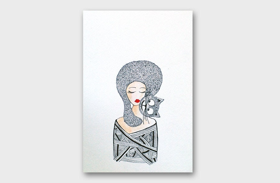ORIGINAL Ink drawing Woman and cat black and white painting Home decor Wall art Funny Animal art illustration Fine Art gift for cat lover - AstaArtwork ORIGINAL Ink drawing Woman and cat black and white painting Home decor Wall art Funny Animal art illustration Fine Art gift for cat lover - AstaArtwork