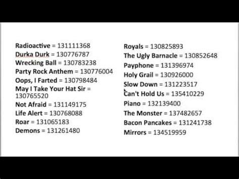 ids songs rocitizens brookhaven diamonds dubstep murder radioactive jailbreak sound codigos ink roar anthem weak jjd boombox payphone keke beyonce