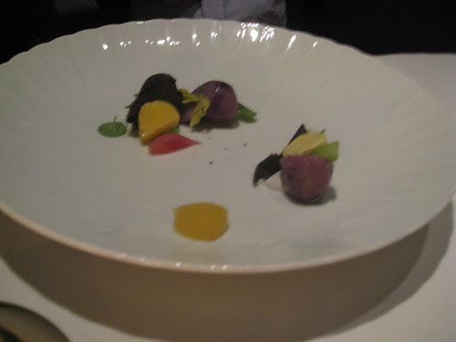 French Laundry - August 2009 - Degustation of French Laundry Garden Potatos: Australian Black Truffles, Picked Pearl Onions, Celery Brance, Nasturtium, and Creme Fraiche