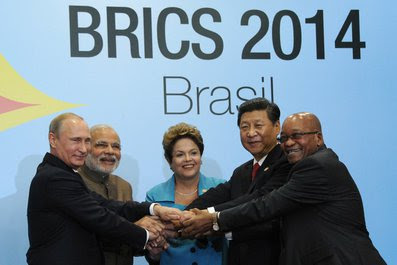 BRICS Summit participants: Vladimir Putin, Prime Minister of India Narendra Modi, President of Brazil Dilma Rousseff, President of China Xi Jinping and President of South Africa Jacob Zuma.