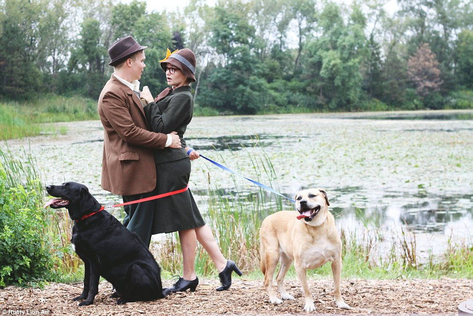 Dog days: Tony Collier, 26, and Corinne Jones, 25, decided to re-create scenes from 101 Dalmatians for their engagement photo shoot