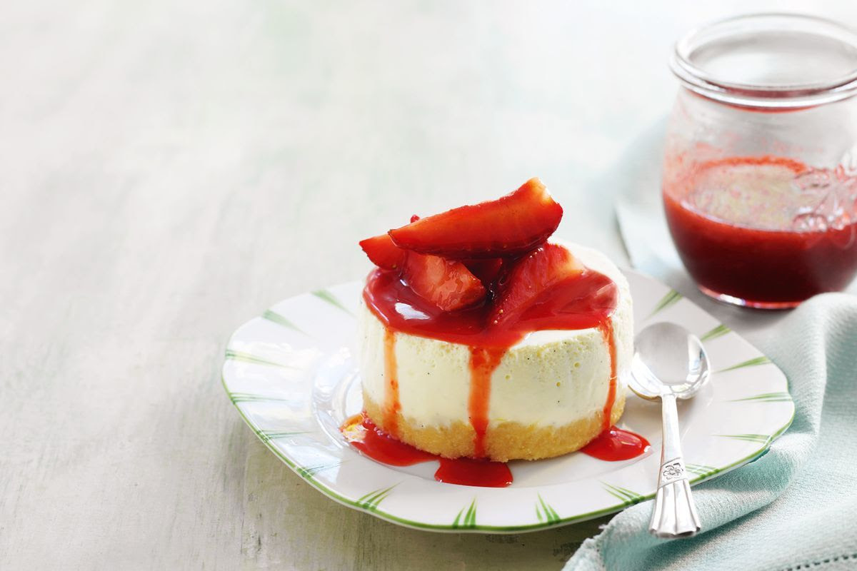 Creme fraiche cheesecakes with strawberry caramel ...