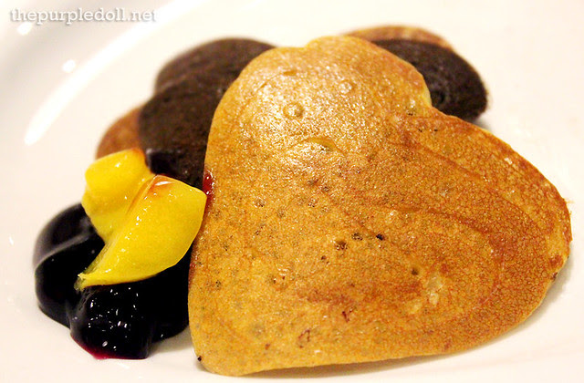 Slappy Cakes Heart Pancakes with Mangoes and Blueberries