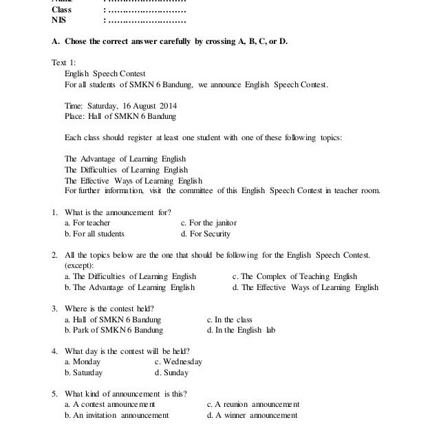 Inilah Soal Announcement Smk Essay