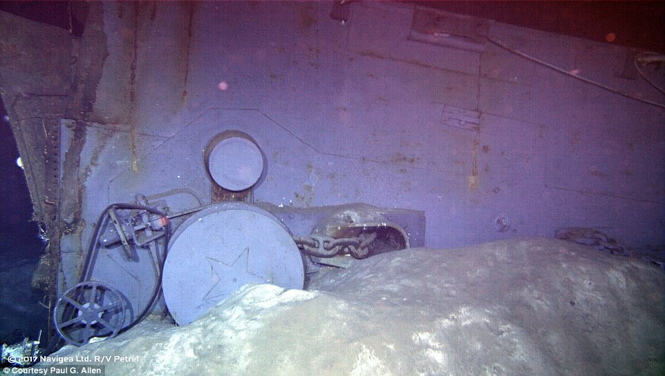 An image shot from a remotely operated vehicle shows wreckage which appears to be one of the two anchor windlass mechanisms from the forecastle of the ship