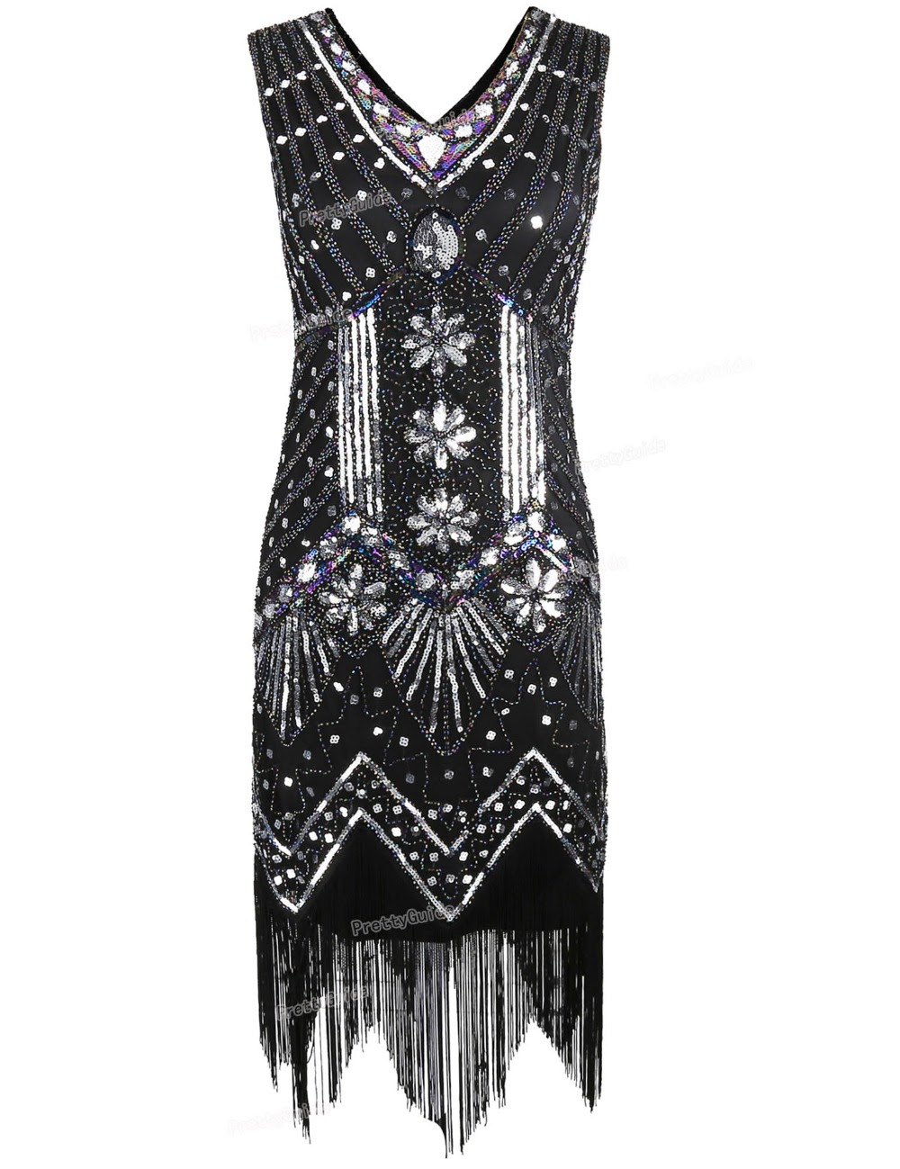PrettyGuide Women 1920s V Neck Beaded Sequin Art Deco Gatsby Inspired Flapper Dress Great Gatsby Party