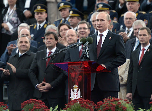 Russian President Vladimir Putin makes a speech at the 'Victor's March" military parade on 16 October 2014 marking the 70th anniversary of the liberation of Belgrade from fascist invaders. (RIA Novosti / Aleksey Nikolskyi)