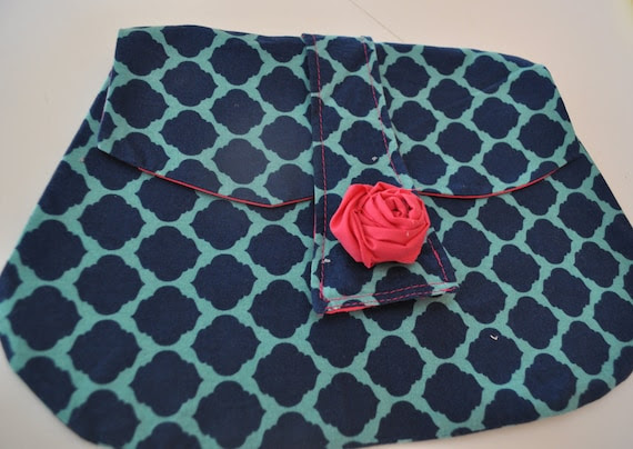 The "Claudia" Clutch - Navy and Teal Moroccan print with bright pink lining