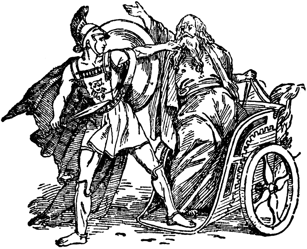 Oedipus meeting a man at the crossroads and preparing to kill him. Unbeknownst to him, that man is his father.