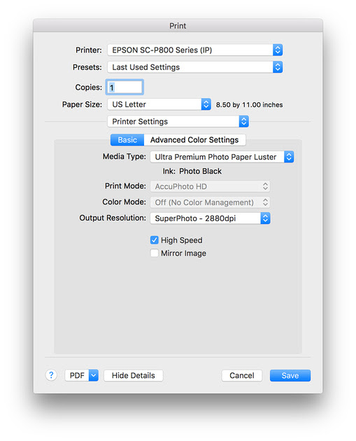 correct settings for a mac to print to an epson 9900 from photoshop
