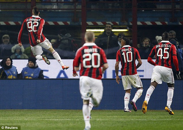 Derby delight: El Shaarawy celebrates by leaping in to the air