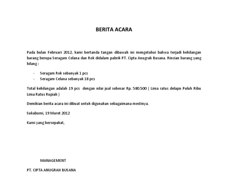 Contoh Surat Berita Acara Kehilangan Dokumen Contoh Seputar Surat