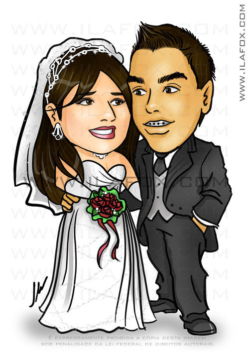 caricatura colorida casal, noivos, corpo inteiro, colorido, caricatura para casamento, noivinhos Fábio e Claris by ila fox