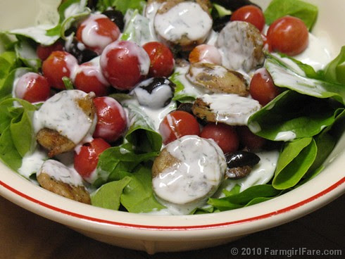Spinach Salad with Cherry Tomatoes, Black Olives, Chicken Sausage, and Homemade Buttermilk Ranch Dressing