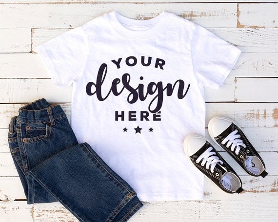 Free Kids Shirt Mockup White T-Shirt Mock Jeans And Shoes (PSD