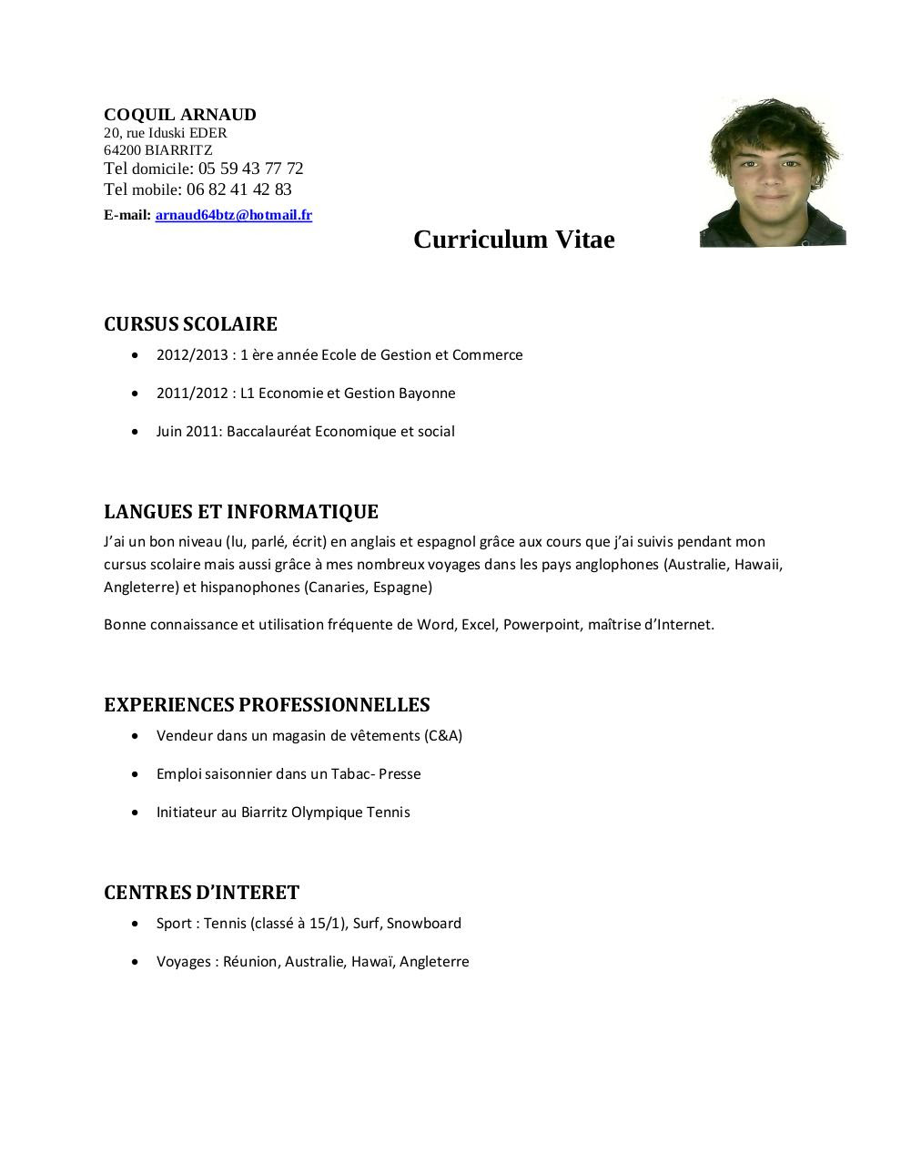 Resume Format Modèle Cv Travail Saisonnier