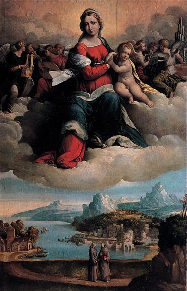 Virgen con el Niño en gloria y Sagrados - Benvenuto Tisi