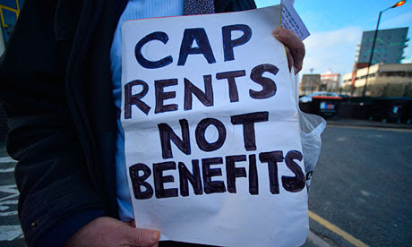 Protesters demand a cap on rents not benefits in Stratford, London