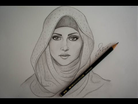 رسم فتاة بالرصاص للمبتدئين جميلة محجبة