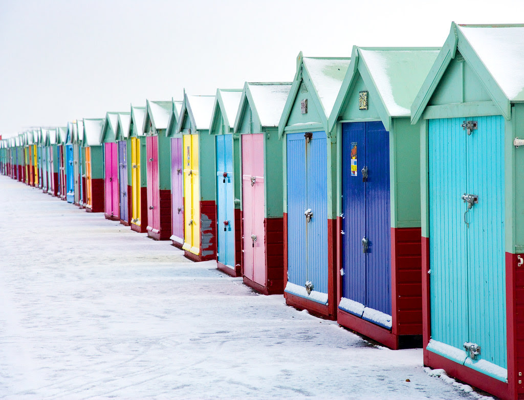 Hove beach huts in snow