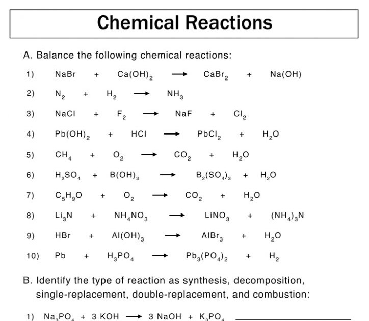 Balancing Equations And Types Of Reactions Worlsheet Key / Naming